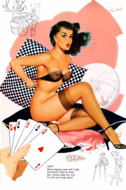 lovethepinups:Bill Randall - February 1956 Date Book Calendar - “Judy” - “When playing cards with Judy the hands I hold are keen, but I would trade four aces for this one lovely queen!”   