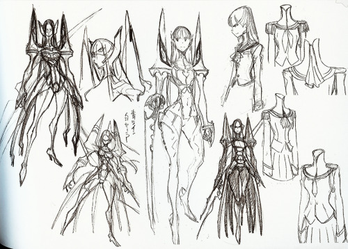 sushiobunny:  h0saki:  Initial designs of Satsuki by Sushio and Shigeto Koyama from The Art of KlK Vol 1. In the second pic (by Koyama) Satsuki looks a lot like Ryuko, pretty cool actually. And damn trench coat Satsuki is still best Satsuki.   Actually,