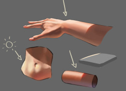 eu03:Brief pictorial on subsurface scattering.  It only really shows up from very strong perpendicular light sources bouncing to a heavy cast shadow.