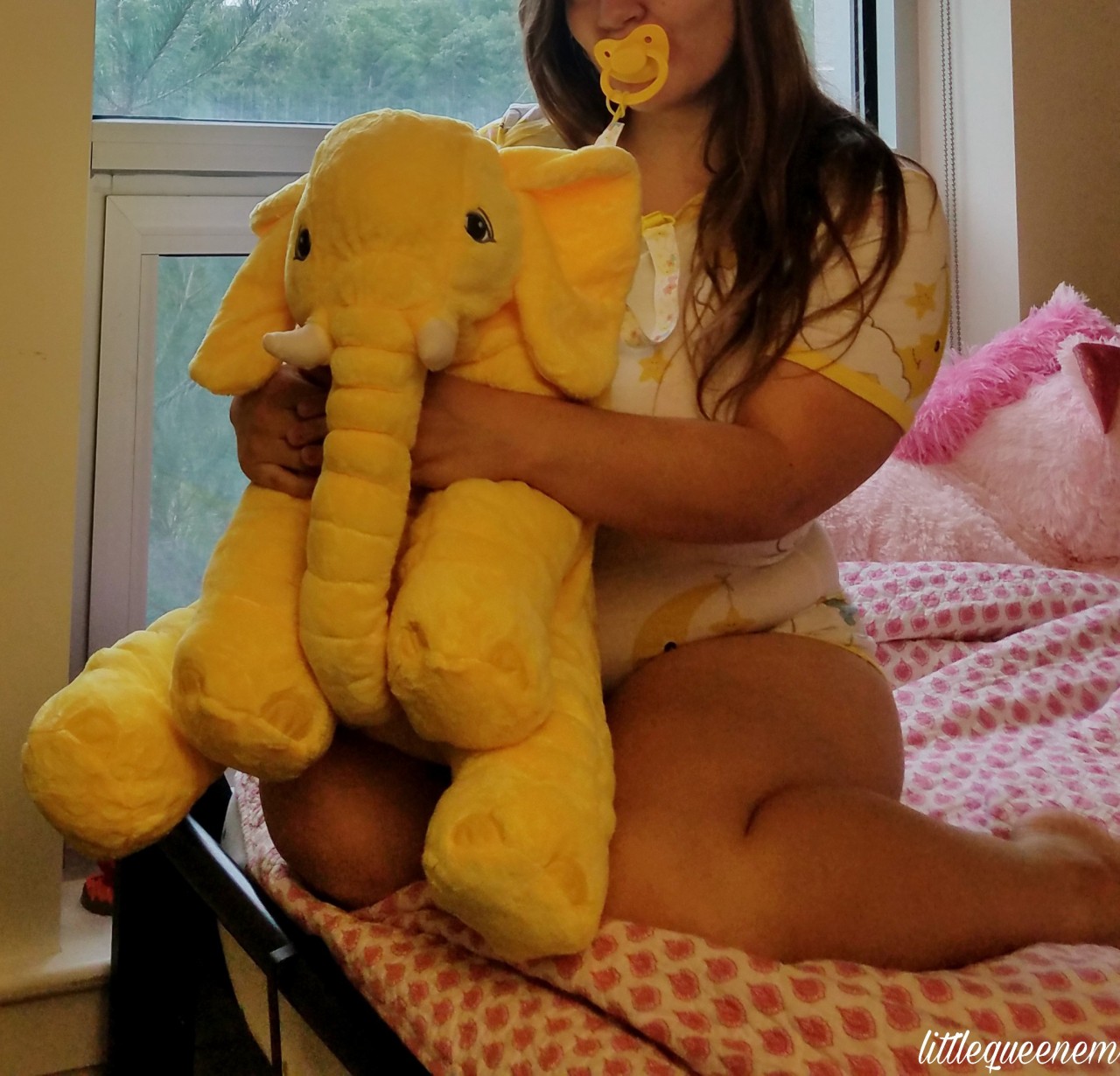 littlequeenem:  Now introducing sunshine the elephant and me baby bear!!! Onesie from @onesiesdownunder Do not remove my caption or the stuffies will hate you Do not interact if you are under 18 