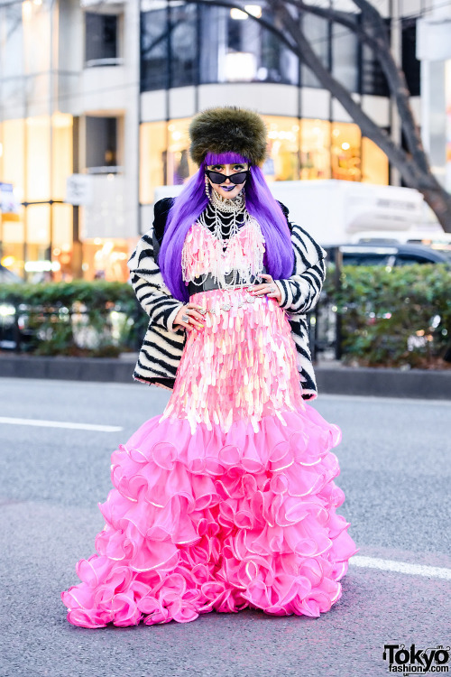 Japanese fashion student Sana on the street in Harajuku wearing a dress by the legendary Harajuku fa