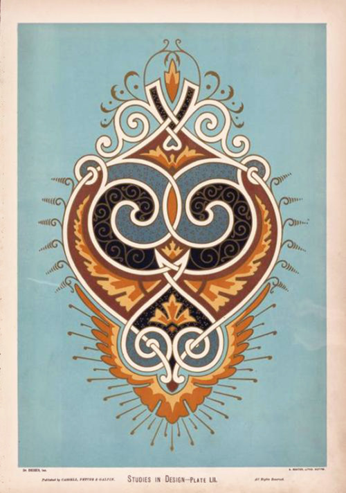 Christopher Dresser, Studies in Design, 1876. Ornament suited for the center of a panel. Via NYPL