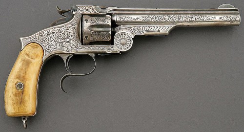 An engraved and bone handled Smith and Wesson Third Model Russian revolver, late 19th century.