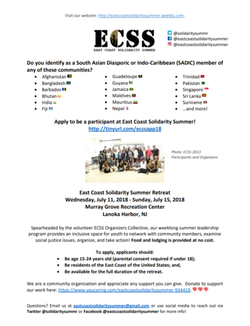 EAST COAST SOLIDARITY SUMMER #ECSS2018Please share with all your youth networks, allies and organize