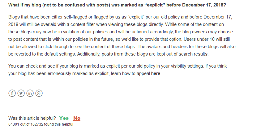 They actually tried to remove my blog. I had to use a workaround to get it back.https://sniperct.tumblr.com/post/181206626016/psa-if-your-blog-is-stuck-in-explicit-modeTumblr