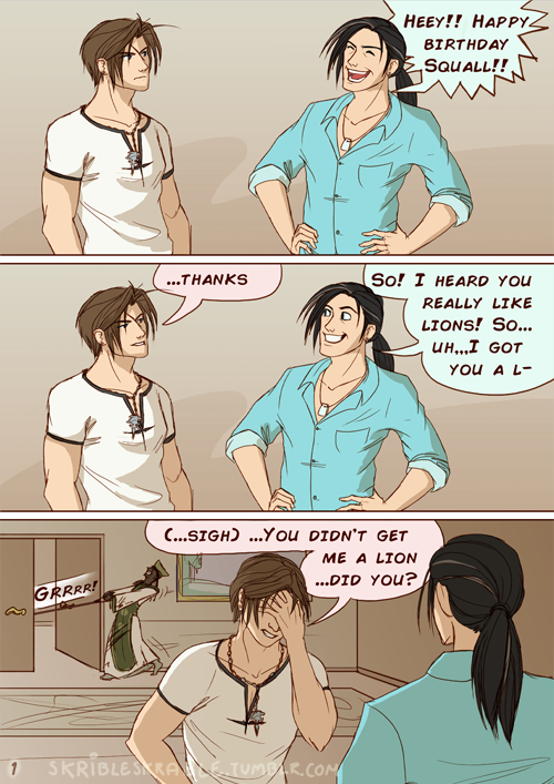 skribleskrable:  Ah I can’t believe I managed to finish this AND color it aswell! Happy birthday Squall! I’m uploading it a bit early as I’m away tomorrow! Also big thanks to emeraldlatias who read through the comic for me!