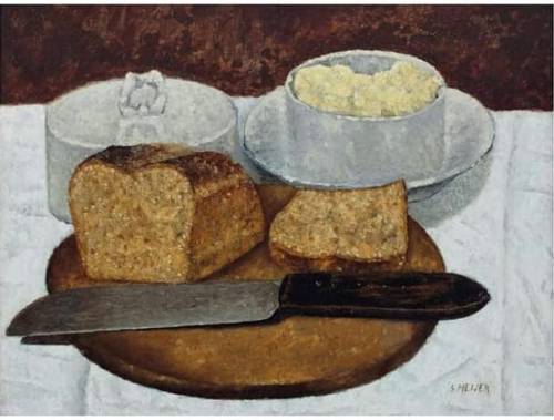 huariqueje: A still life with bread, butter and a knife    -   Sal Meijer Dutch,