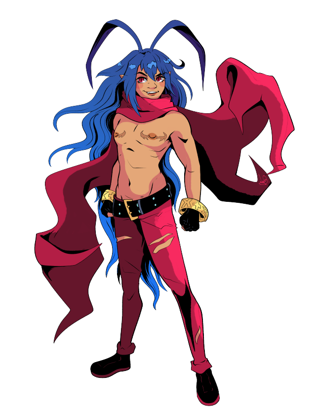 Laharl from Disgaea. He is in his "Laharl-chan" form, with a taller, more feminine frame and long hair down his back, reaching his knees. He wears long, torn red jeans with a large black belt, black fingerless gloves, black loafers, and gold bangles. Where Laharl-chan's breasts would be is his flat, masculine chest. He has top surgery scars shaped like bat wings. He is standing confidently, looking to the left with a smirk on his face.