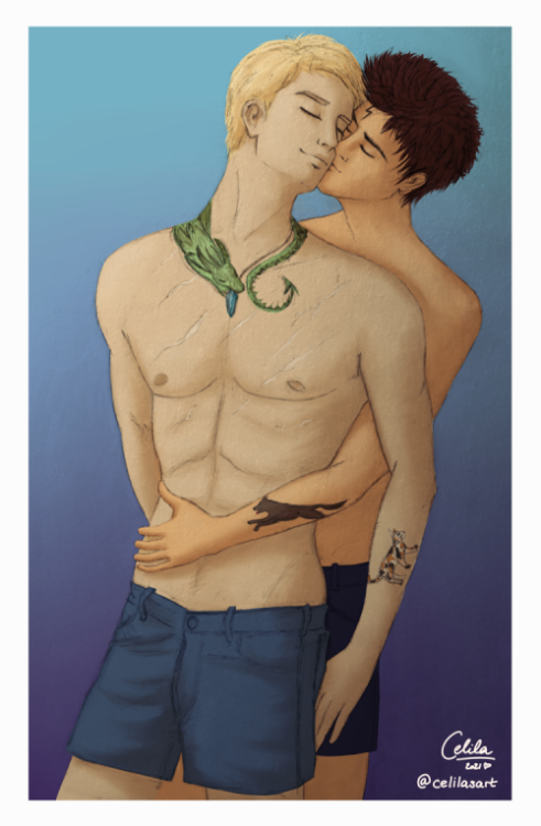 Tattoo’d Drarry at the beach :) Art for the beautiful drabble “The Mark of Healing” by Meowfoy @resi