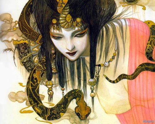  Yoshitaka Amano, japanese graphic artist and character designer, usually made his illustrations with ink and watercolor. Well known for designing characters for video games such as Final Fantasy, or his artwork in Sandman or Vampire Hunter D.  