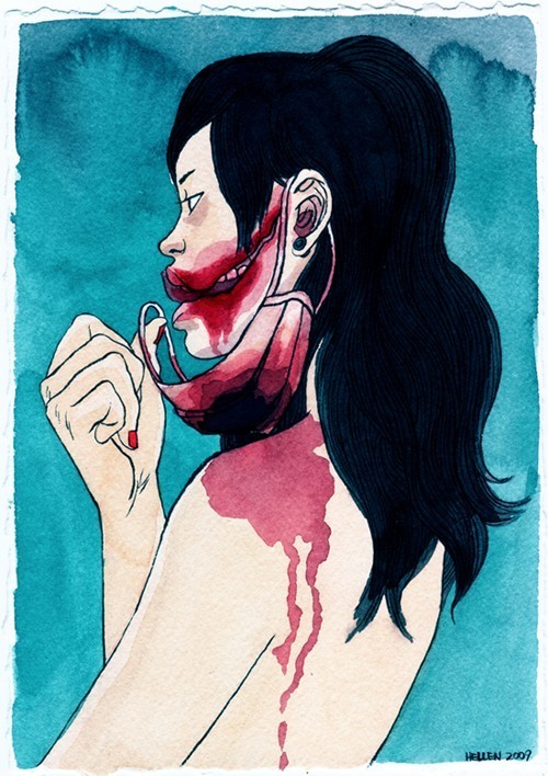 red-lipstick:  Helllllen aka Hellen Jo (USA) - 1: The Red Mask, 2009 Mixed Media: Ink, Watercolors on Paper.  The Red Mask (Bbal Gan Ma Su Ku) is a Korean urban legend which finds its origins in 1970s Japan.  2: Aswang, 2009 Mixed Media: Ink, Watercolors