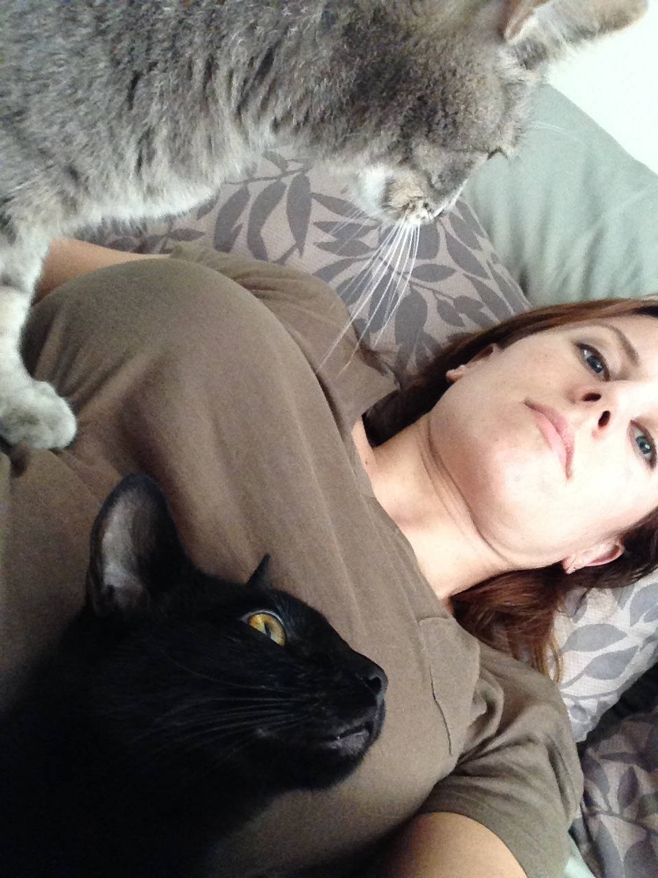 My wife took a selfie while cuddling with the kitties.