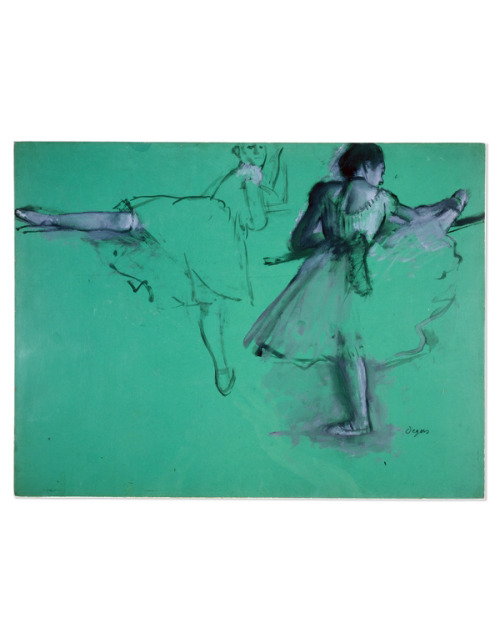 Edgar Degas, Dancers Practising at the Barre, 1876-77. Study in oil paint on green paper. France. Vi