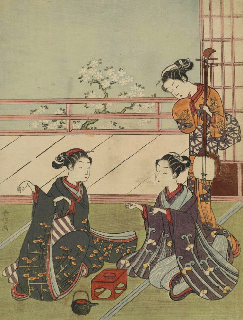 Girls Playing the Game of Ken.  Woodblock print, 1768, Japan, by artist Suzuki Harunobu
