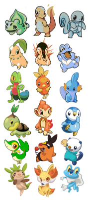 qt-milk:  All of the starters drawn in their premier style/colors/shading.  The most distinct are obviously gen 1 and 2, since they had such a limited color pallette. 3 and 4 are pretty similar, though past 3 they stopped using a few shading techniques,