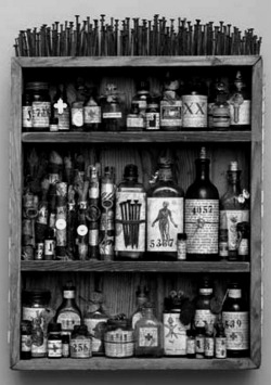 spells-of-life: Medicine CabinetMar Goman :  wooden box, altered bottles, found objects, scrolls, nails, … 