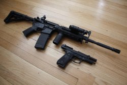 everyday-cutlery:  Colt M4 and Beretta M9A1 via imgur needs credit