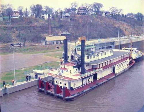39adamstrand:4 April 1961 - The George M. Verity Sternwheeler is pushed through Lock 19 on the Missi
