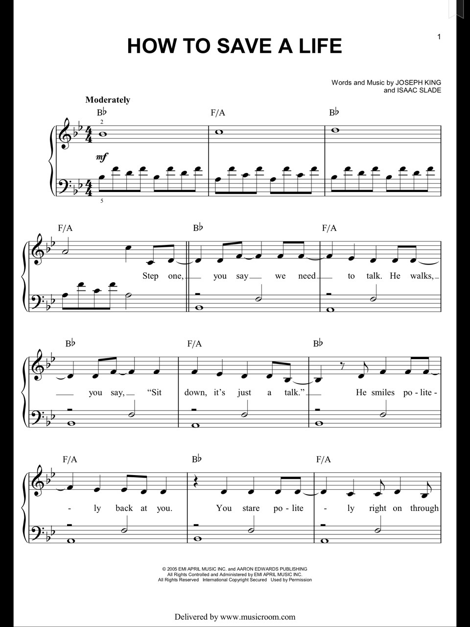Piano Sheet Music The Fray How To Save A Life Piano Sheet
