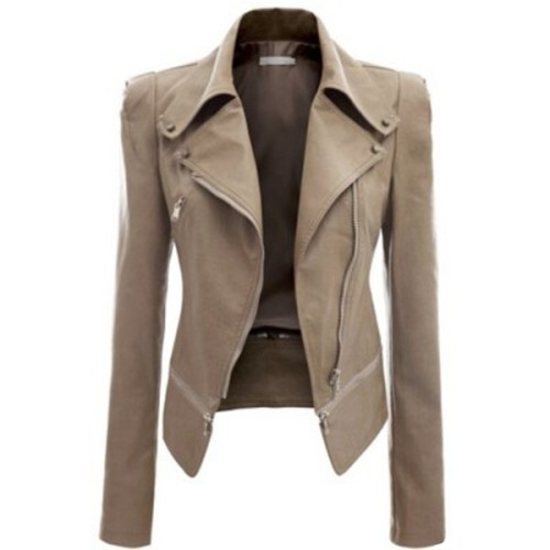 Rotita Khaki Faux Leather Power Shoulder Biker Motorcycle Jacket ❤ liked on Polyvore (see more khaki