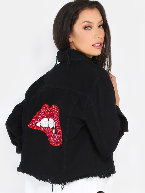 goozings: Sequins Lips Distressed Denim Jacket BLACK