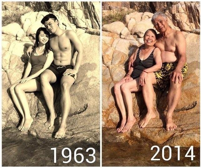 hotsuburbandad:
“ This is fake. They haven’t been sat on that rock for 50 years. If you look closely you can clearly see her swimsuit is different in the second photo, it has stripes on it. And the guy’s shorts seem to have a more floral pattern in...