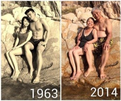 hotsuburbandad:  This is fake. They haven’t been sat on that rock for 50 years. If you look closely you can clearly see her swimsuit is different in the second photo, it has stripes on it. And the guy’s shorts seem to have a more floral pattern in