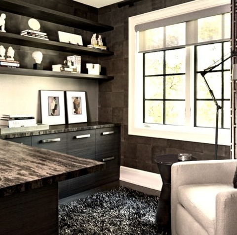 Detroit Contemporary Home OfficeMid-sized Trendy Built-in Desk Dark Wood Floor And Brown Floor Study