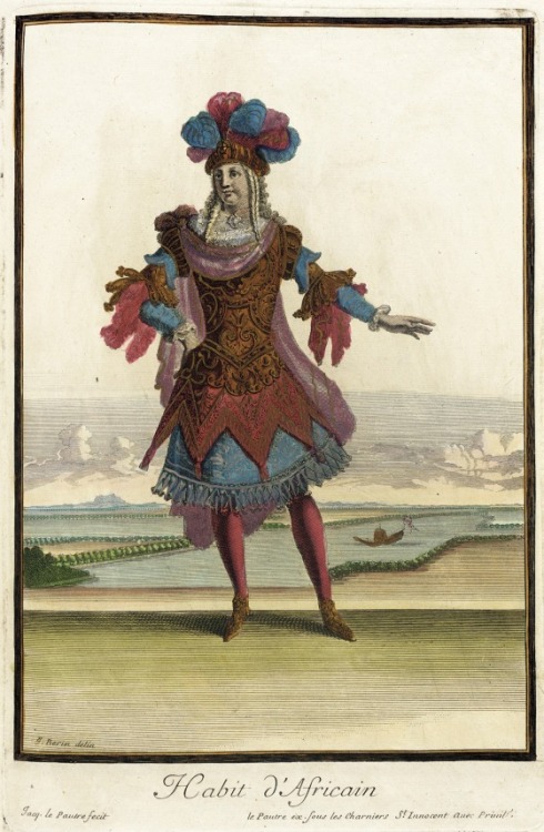 Illustration of theatrical costumes worn by courtiers for court ballets from &ldquo;Recueil des mode