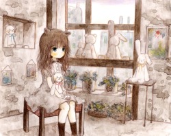 dollielulu:  ぬいぐるみを抱く猫 | 夏目ノ木次郎 [pixiv]  *Please remember to follow, bookmark, and rate the artist @pixiv 