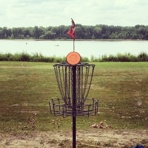 The view from 15. I love disc golf. #discgolf #discgolfbasket #tuttlecreek #riverpond #lakeside #mvp