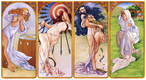 alythekitten:  miusart:  My entry for Letsdrawthehobbit 2nd project: recreate Classic/Famous Art.  I chose one of Alphonse Mucha’s works, The Four Seasons (circa 1895), and decided to add The Durin’s with our beloved hobbit. I really had so much