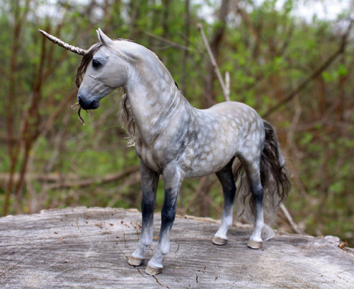 one a kind unicorn sculpture “Prosecco”. Dapple grey unicorn made from polymer clay over wire and fo