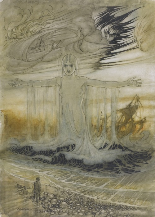 The Shipwrecked Man and the Sea.1912.Ink and watercolour drawing.34 x 24.1 cm.Art by Arthur Rackham.