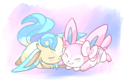 cheeziesart:  CRASHES IN MY GIRLFRIEND GOT ME THE CUTEST DANG LEAFEON AND SYLVEON KUTTARI PLUSHIES FOR CHRISTMAS IT US, THEY SNUGGLY AND CUDDLY AND SLEEPY AND I CRY   Aww, lookit dem cuties~! &lt;3