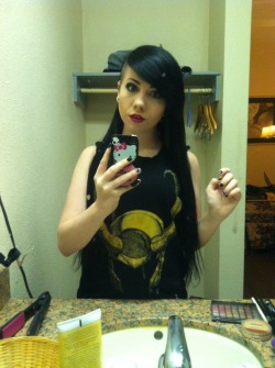 grim-doll:  Felt pretty cute tonight. Also check out the amazing Loki shirt I found at goodwill!