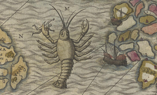 Sea monsters from 16th century maps. Man/horse/fish, sea pig, two blowholed whales, and giant lobste