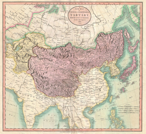 1806 map of independent Tartary (yellow) and Chinese Tartary(violet), drawn by John Cary.Tartary, al