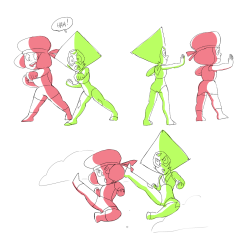 sketchabee: I’ll make a gem out of you! I imagined Ruby training Peridot to be a Crystal Gem, and Sapphire watching them while being super cute. 