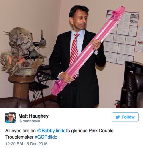 micdotcom:  This guy is replacing the guns with dildos in pictures of the Republican candidates Oh and you can follow him at @gopdildo 