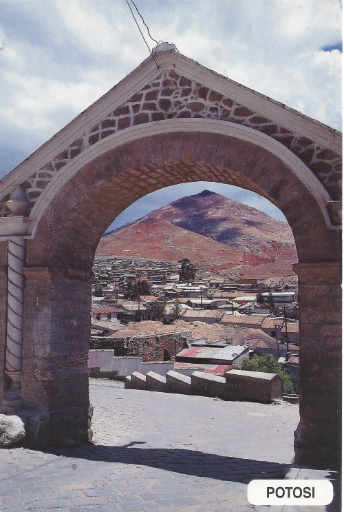 Postcard: Potosi, 1980s.“Cerro de Potosí vista desde el Arco de Cobija”Cerro de Potosí is frequently