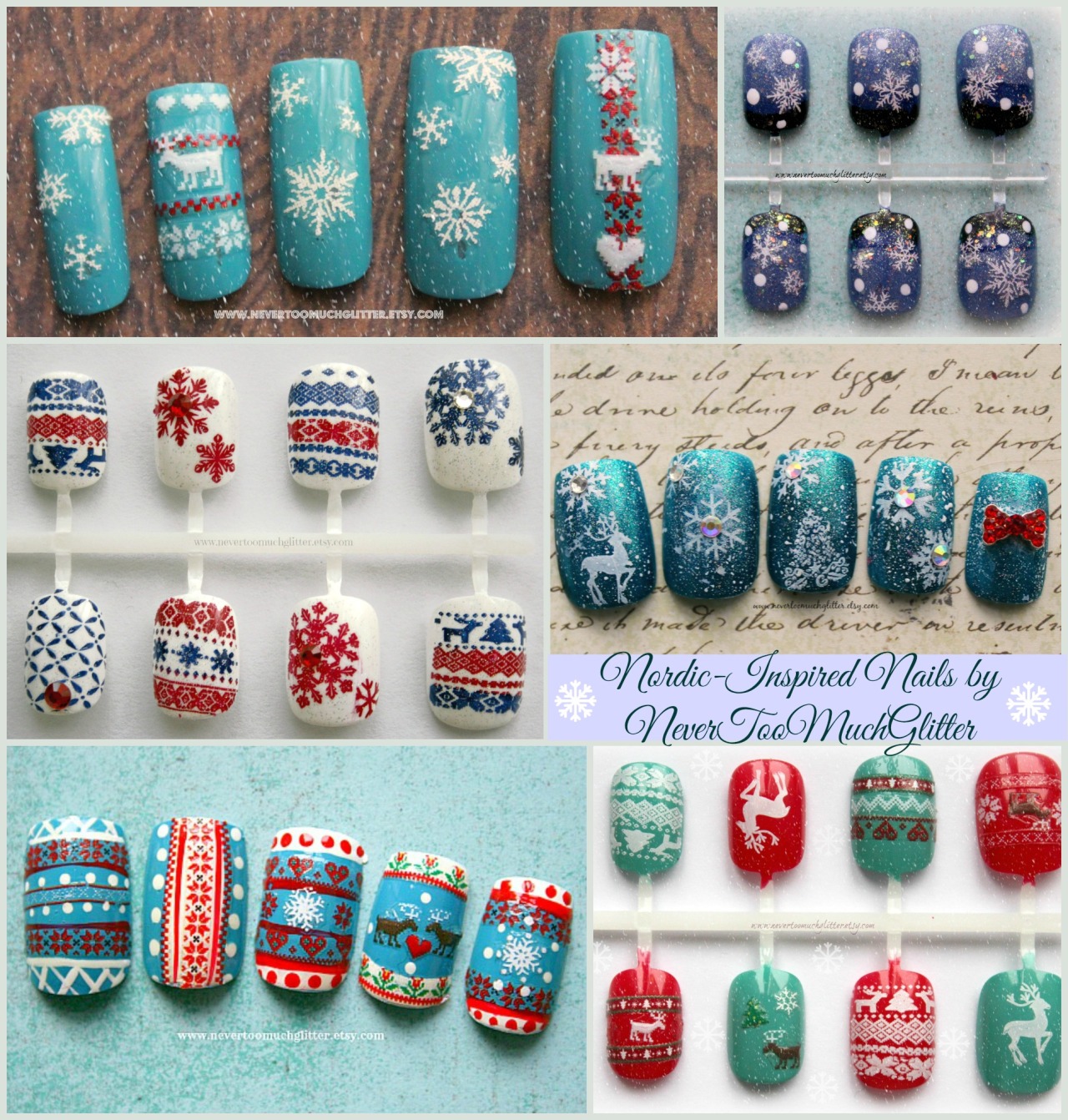 Collage of my Nordic Sweater nails- these look great in any length and color. Plus it’s super hot here, so these nails are my only chance to get my holiday sweater festiveness on!