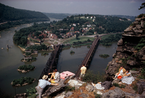 People picnic on the rocky heights that overlook Harpers Ferry in Maryland, 1962. Photograph by Volk