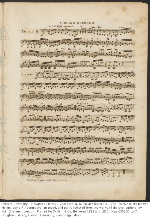 Two separate volumes of sheet music, intended to be played together by two violinists.Challoner, N. 
