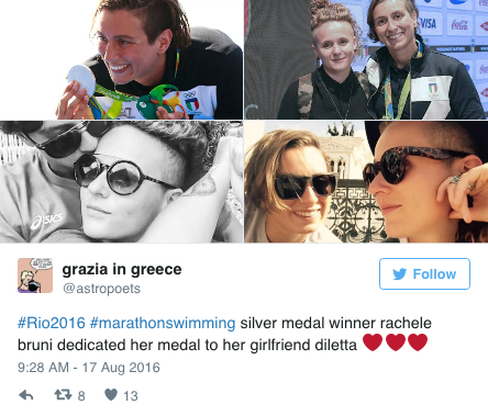 this-is-life-actually:Italian swimmer Rachele Bruni dedicated her Olympic silver medal to her girlfr