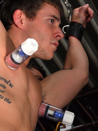 securedbysteel: torturedboy: Nice  Pump those nipples. When the pumps come off, rubber band them and