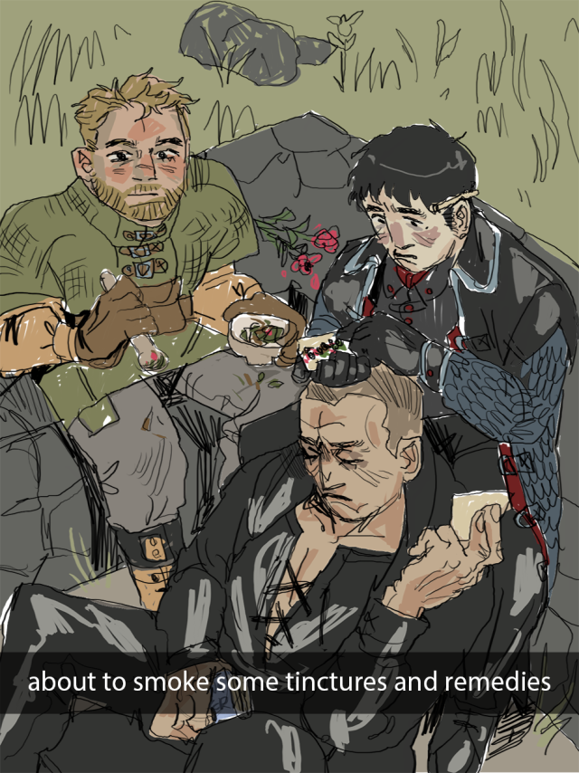 A digital drawing of Artemy, Daniil and Stanislav. They are sitting on a low stone wall. Artemy is using a mortar and pestle to grind dried herbs, and Daniil is wrapping the grounds into a cigarette. There is one already wrapped tucked behind his ear, and Stanislav holds out another wrapper for him. There is a text overlay in a style similar to snapchat saying "about to smoke some tinctures and remedies".