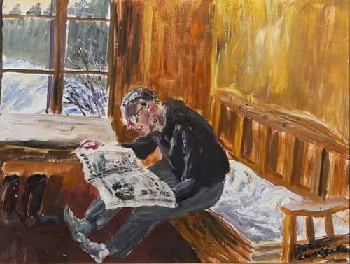 Reading it on the kitchen sofa   -    Johan LundgrenSwedish,1920-1989Oil on panel, 51 x 68 cm.