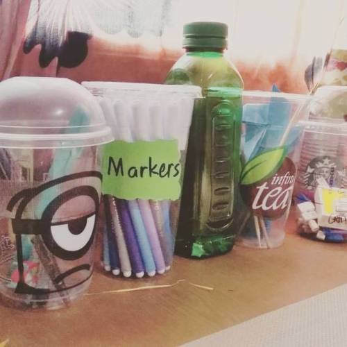 Someone is creative, resourceful and likes to recycle like her mother. P used milk tea and coffee cu