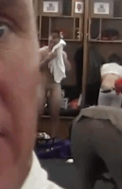 notashamedtobemen:  After the 2012 Orange Bowl, the Clemson football players shower and dry off in the locker room. They don’t seem to mind the reporters and cameras. 